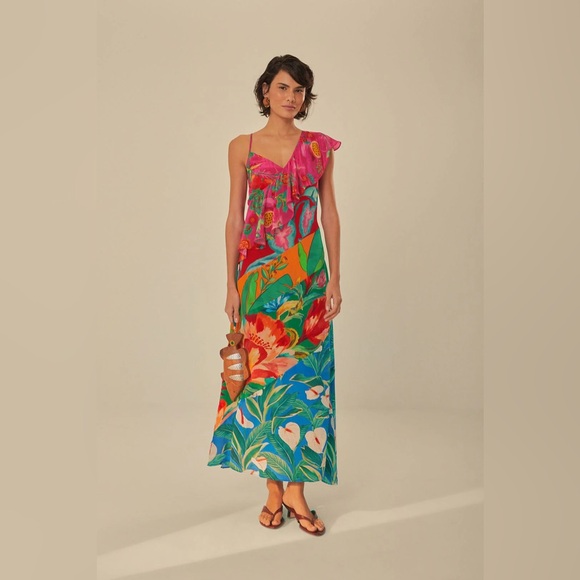 Farm Rio mixed flowery ruffle one strap dress - Picture 1 of 13